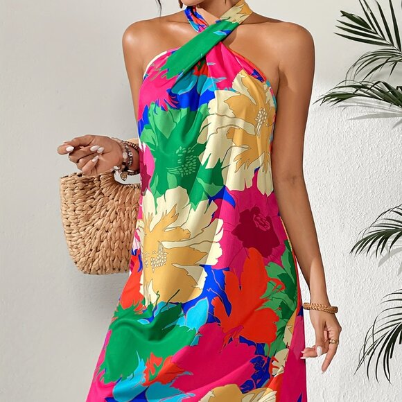 Floral Print Halter Neck Loose Dress - Elegant Sleeveless Dress - Picture 4 of 5